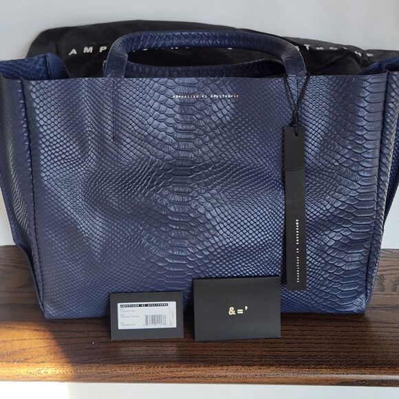 Large Leather Navy Tote Python Designer 100% Leather Ampersand As Apostrophe NWT - Picture 12 of 14